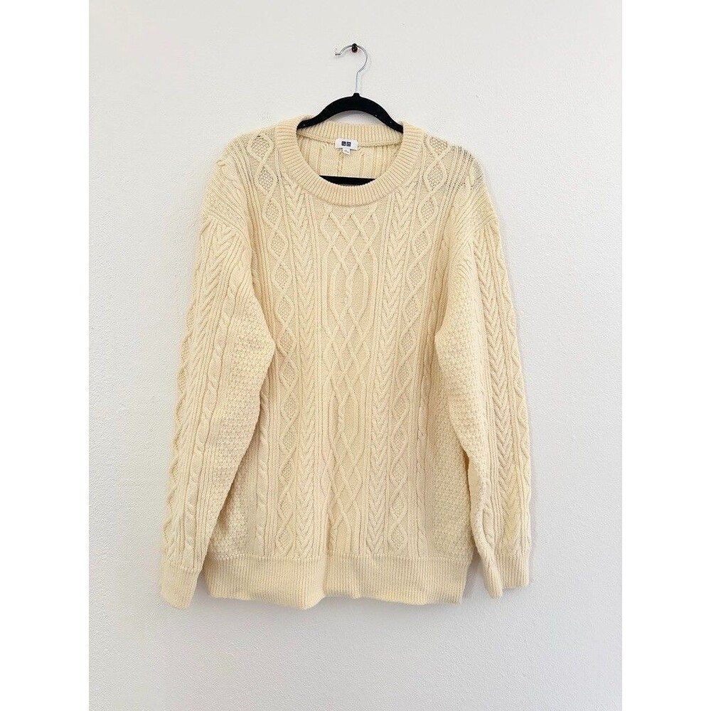 Uniqlo Cable Knit Chunky Wool Blend Crewneck Sweater Beige White Men's Size XL
